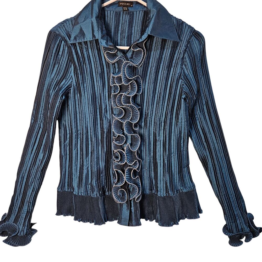 Piano Blue Silver Ribbed Ruffle Crystal Button Bead Long Sleeve Medium Y2K Fairy